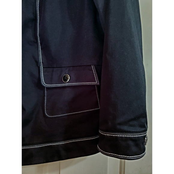 Sz 16W Blk Woven Zip Up Jacket White Top Stitch TAN JAY Flap Pocket Big Collar - Picture 3 of 9